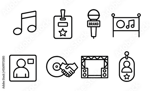 Music Sponsorship Icons. Outline vector icons of music and brand sponsorships: music note brand, backstage