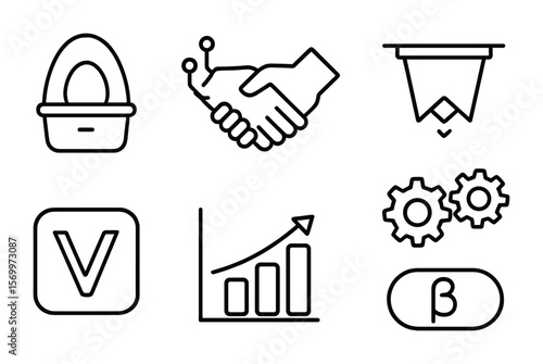 Startup Icon Set. Outline vector icons of startup brand alliances: incubator icon, tech handshake, demo day