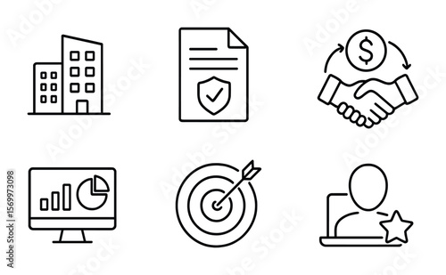 B2B Partnership Icons. Outline vector icons of B2B strategic partnerships: office buildings icon, legal