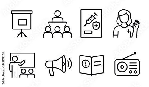 Public Health Icons. Outline vector icons of public health education: flipchart icon, community seminar,