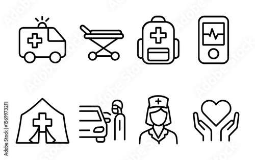 Mobile Health Icons. Outline vector icons of mobile health services: ambulance unit, portable bed, medical