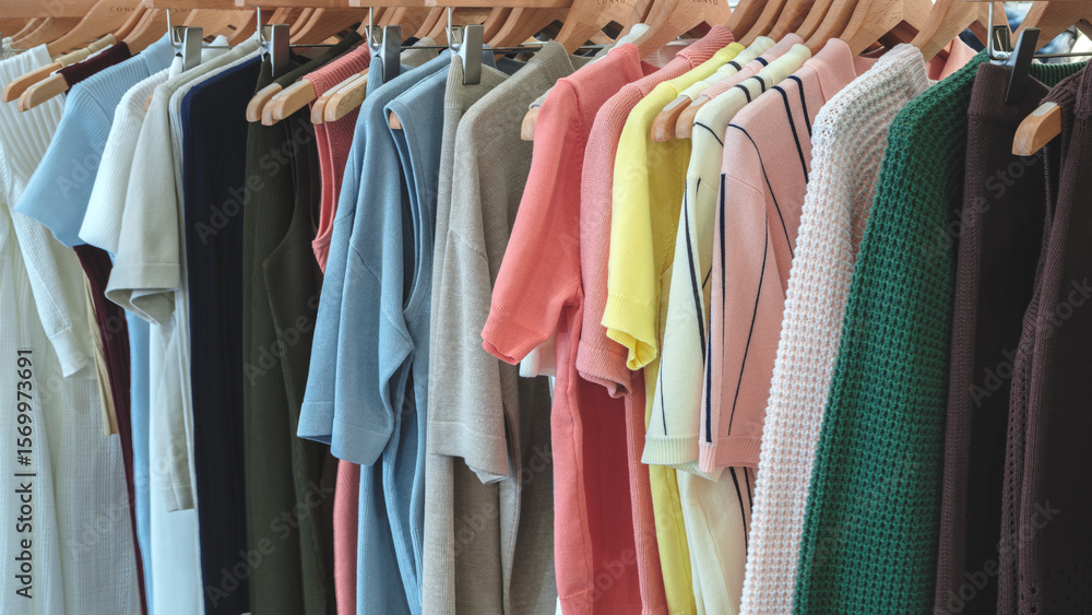 Rack of clothes with a green shirt on the left. There are many different colors of shirts and dresses Rack of clothes with a green shirt on the left. There are many different colors of shirts and dresses