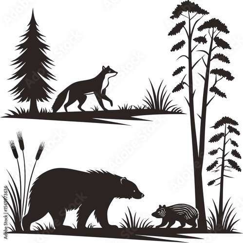"Dog & Wolf Silhouettes – Wild and Pet Mammals Vector in Black & White"

