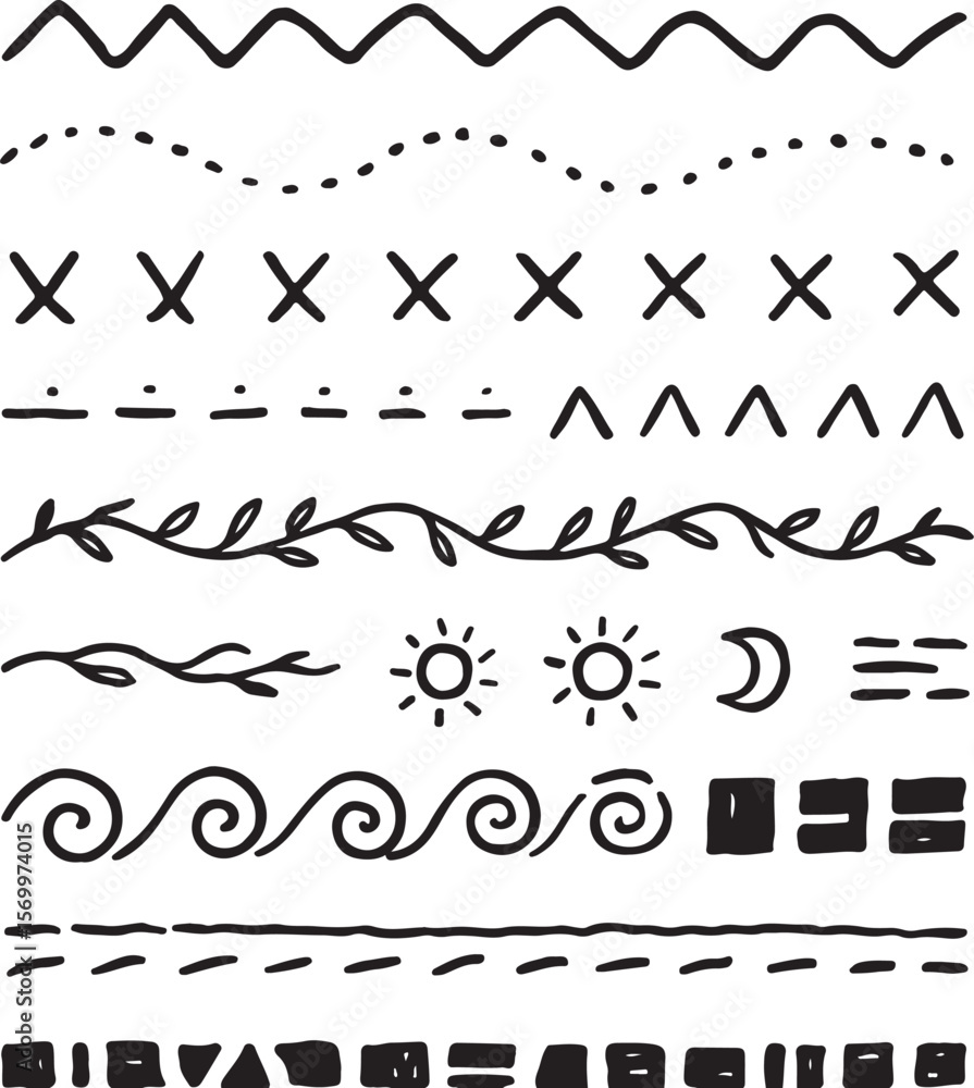 Obraz premium Collection of hand drawn black decorative dividers and borders featuring waves leaves sun moon zigzags dots crosses and geometric shapes