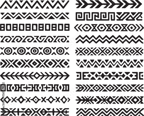 Collection of diverse black and white tribal ethnic geometric patterns and borders in a clean modern abstract style