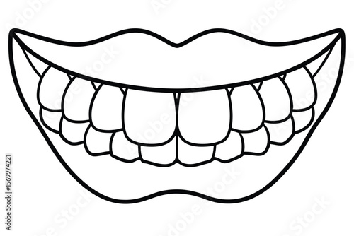 Cartoon Mouth with Teeth Outline, Smiling Expression, Black and White Illustration
