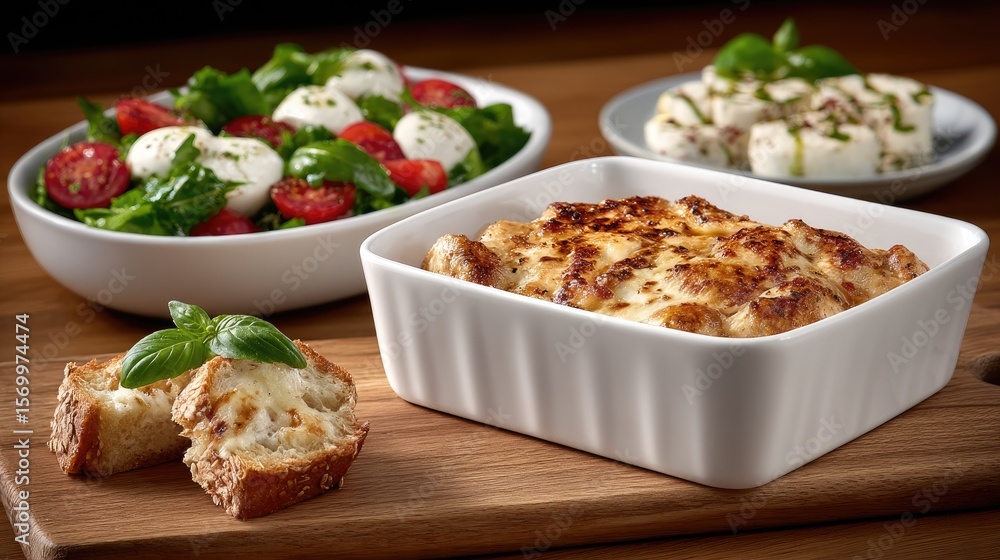 Roasted chicken in a baking dish surrounded by mozzarella salad and caprese on a rustic kitchen table with moody lighting Roasted chicken in a baking dish surrounded by mozzarella salad and caprese on a rustic kitchen table with moody lighting