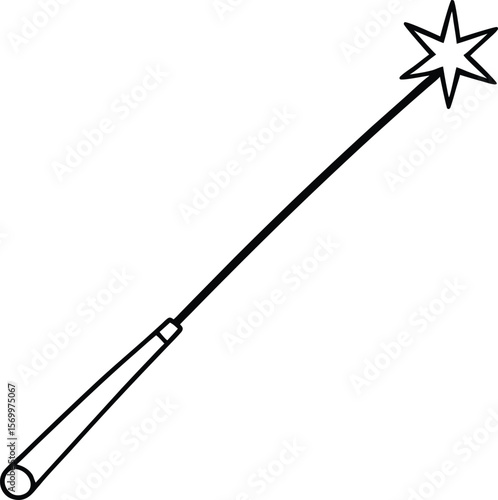 Magic Wand: A whimsical depiction of a magic wand with a star-shaped end, rendered in stark black and white, is perfect for projects invoking enchantment or fantasy.