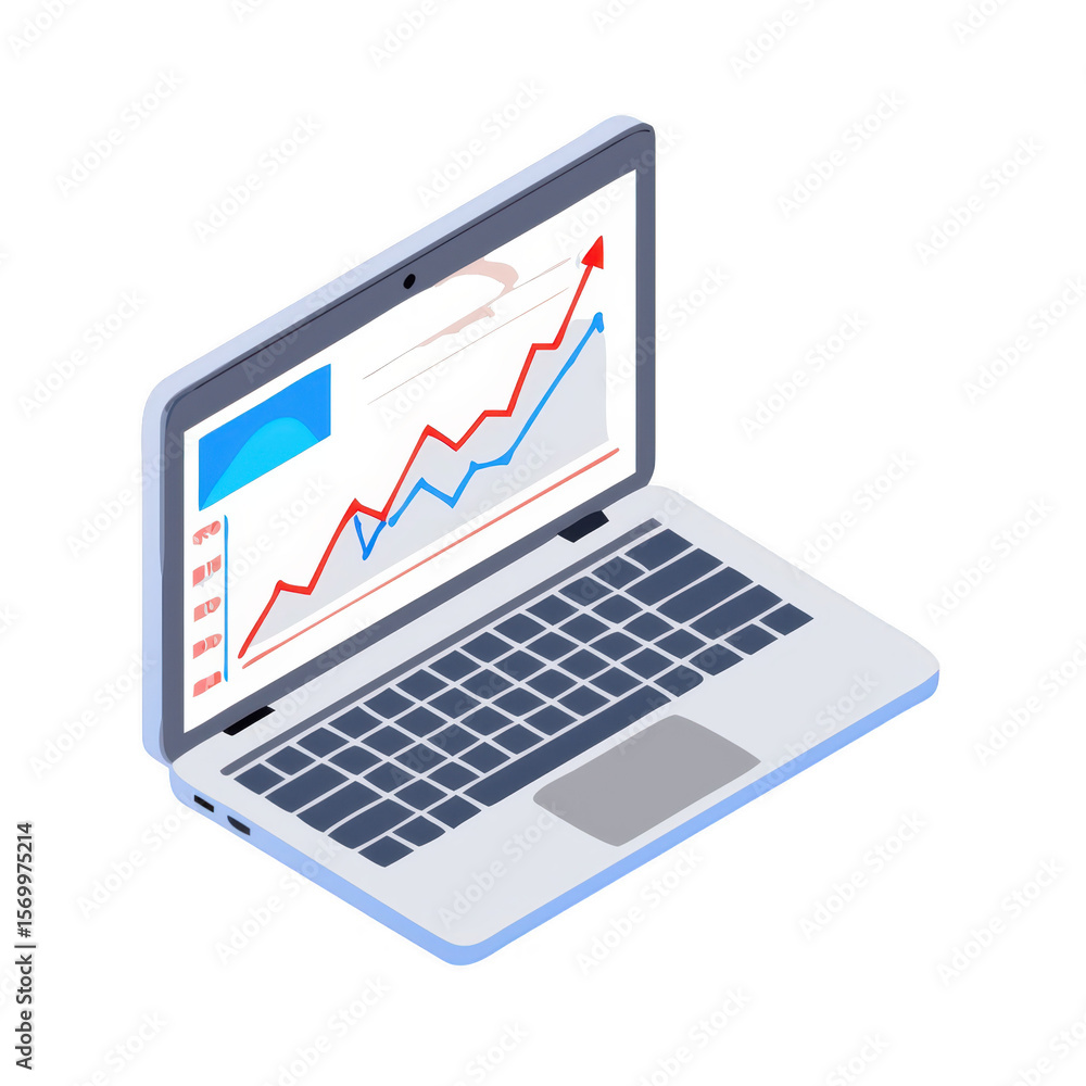 Laptop displaying financial growth chart isolated on transparent background Laptop displaying financial growth chart isolated on transparent background
