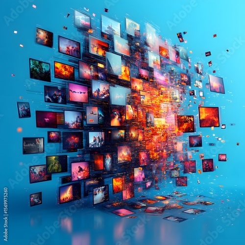 Floating gallery of art presented on digital bright blue scene