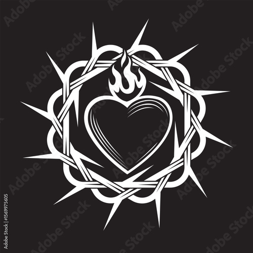 heart, crown of thorns and flame isolated on black background