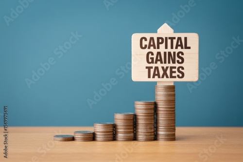 Wallpaper Mural Capital gains taxes sign atop stacked coins against a blue background on a wooden surface Torontodigital.ca