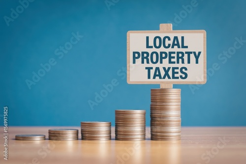 Wallpaper Mural Stacks of coins representing local property taxes with a sign on blue background display idea Torontodigital.ca