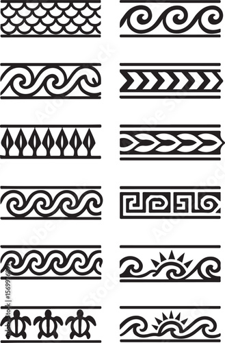 Collection of twelve distinct black and white tribal and oceanic inspired decorative borders and patterns on a white background