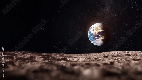earth orbit Earth viewed from the moon, craters and lunar surface in the foreground, showcasing the earth position in space