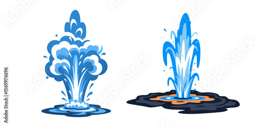 Dynamic Water Geyser Fountain Eruption Flat Design Vector Illustration Set - Natural Phenomenon Graphic