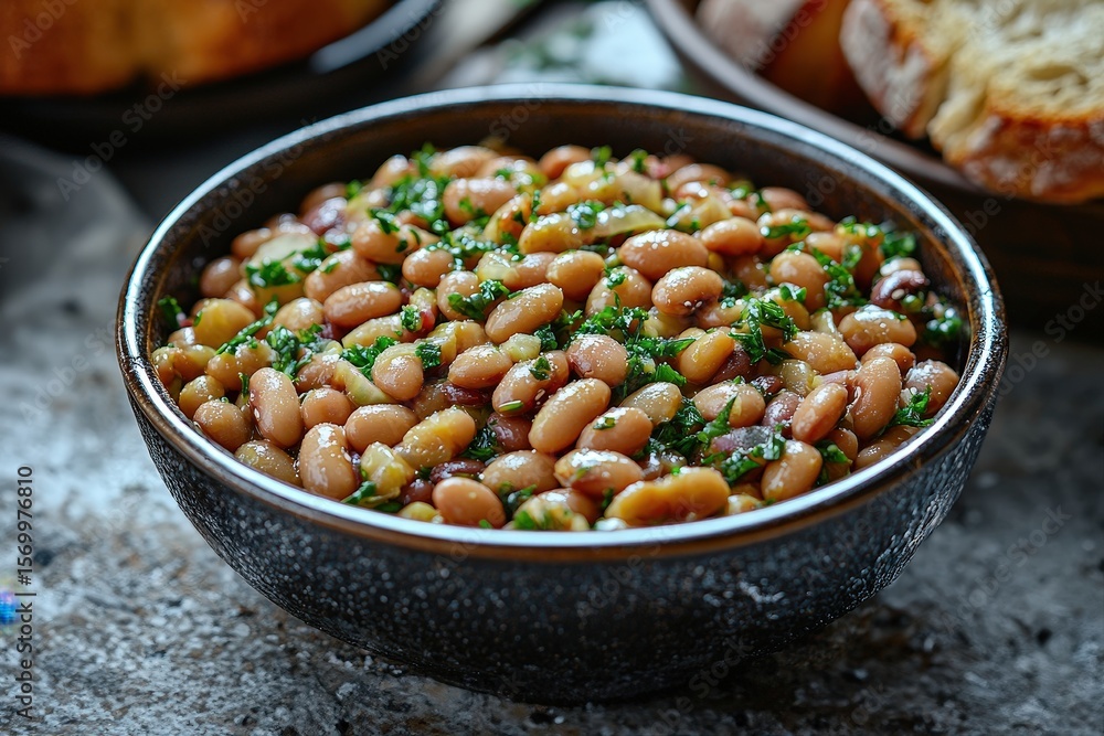 Rustic bowl of marinated beans with fresh herbs and bread on a stone surface Rustic bowl of marinated beans with fresh herbs and bread on a stone surface