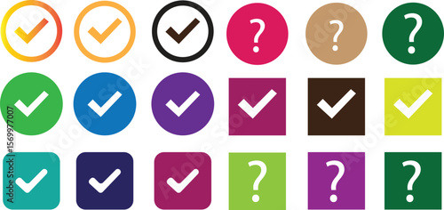 Collection of colorful checkmark and question mark icons in circles and squares