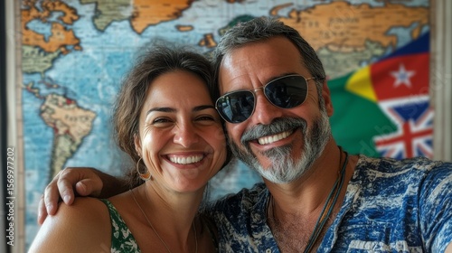 a smily and happy adult brazilian couplein their early 40s traveller in front of a panel with a large world map and real flags USA, UK, Australia, France, Portugal, Spain as a background panel photo r
