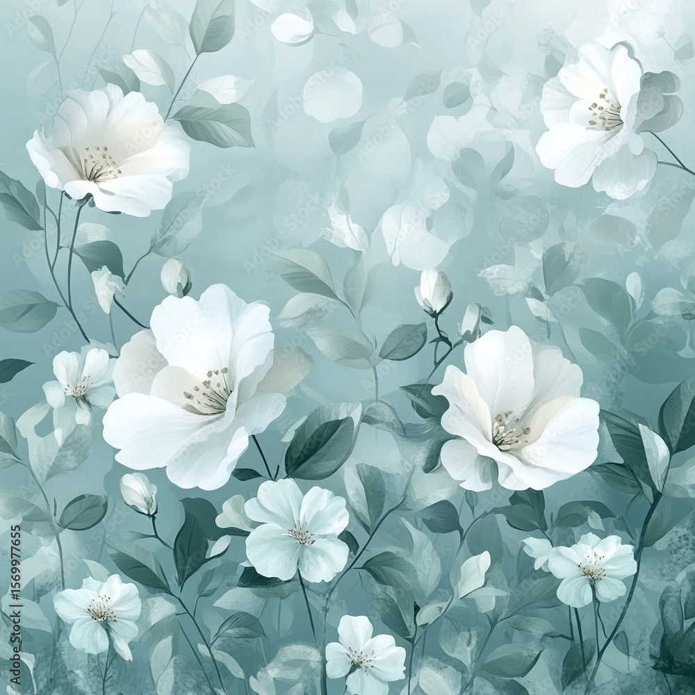 custom made wallpaper toronto digitalSoft white flowers blooming in serene teal background