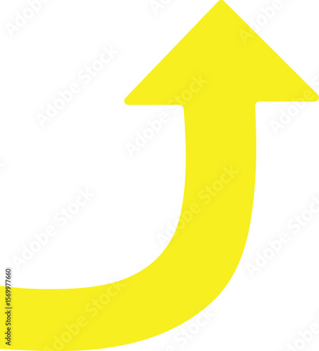 Bright yellow arrow curved upwards on a clean white background