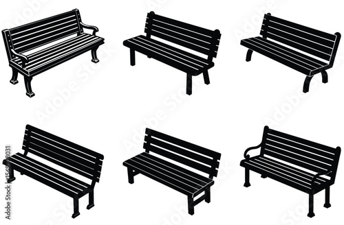 Black park benches with slatted seats and backs outdoor seating wooden bench
