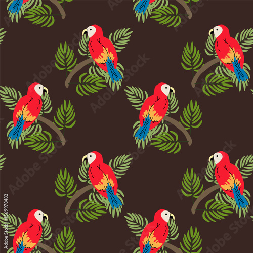 Colorful tropical parrots seamless pattern design for fabric and decor.