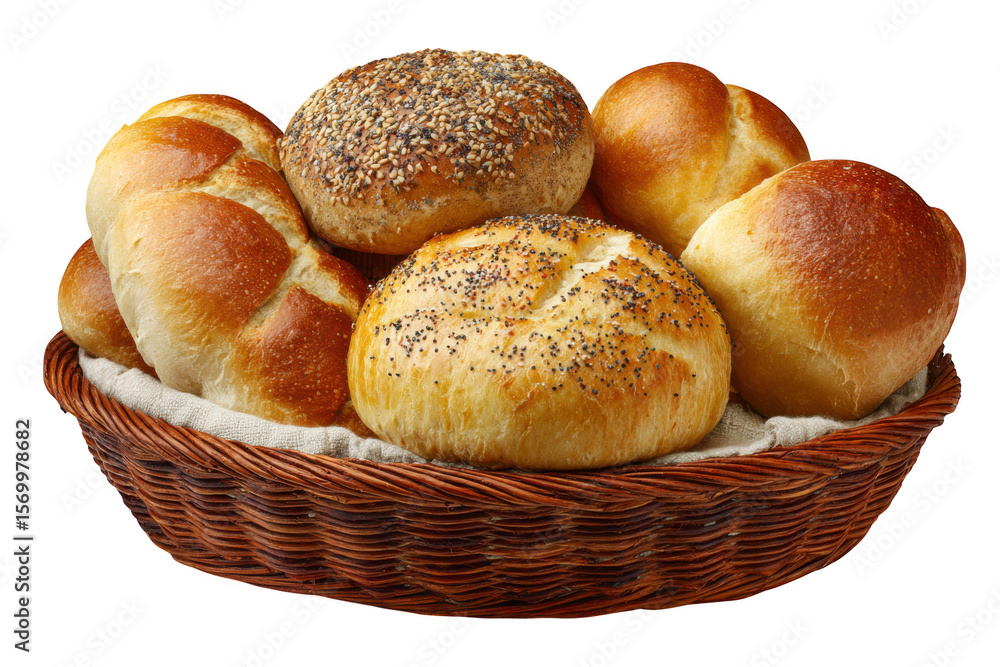 Assortment of freshly baked bread rolls in a wicker basket isolated on transparent background Assortment of freshly baked bread rolls in a wicker basket isolated on transparent background