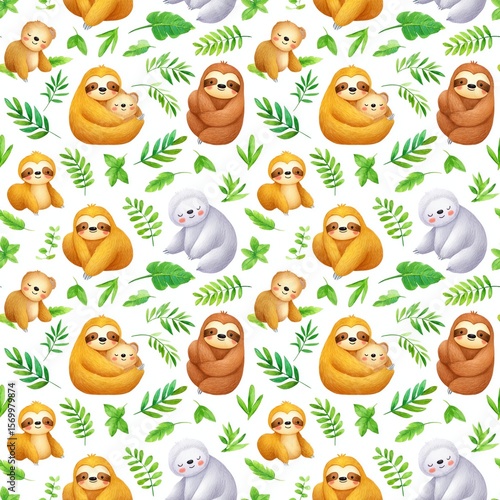 Cute Sloths and Leaves Pattern Design, endless seamless texture rapport element