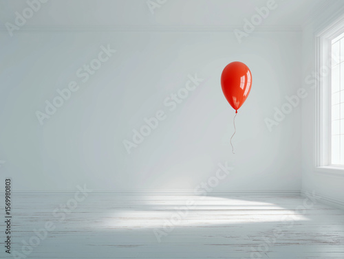 Single Red Balloon Floating in Minimal White Room with Window Light, Surreal Concept of Loneliness Freedom and Contrast