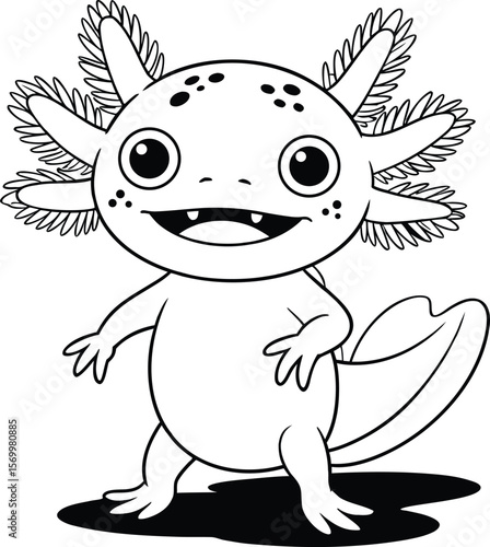 Cute cartoon axolotl illustration in black and white standing and smiling with a happy expression