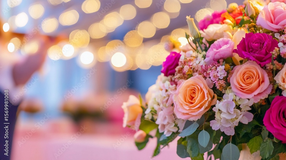Obraz premium Vibrant floral arrangement with roses and twinkling lights at a festive event in a decorated venue capturing the preparation side of event planning, background with copy space