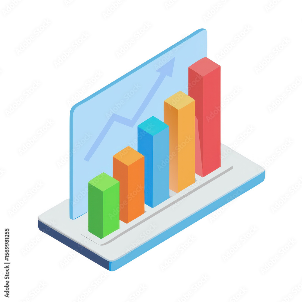 Isometric bar graph with upward trending arrow isolated on transparent background Isometric bar graph with upward trending arrow isolated on transparent background
