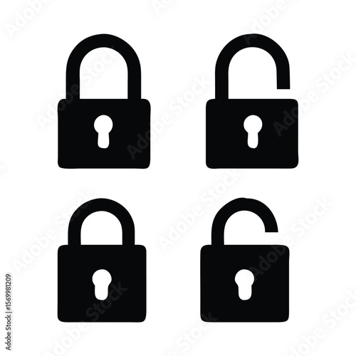 Four black padlock icons unlocked and locked security