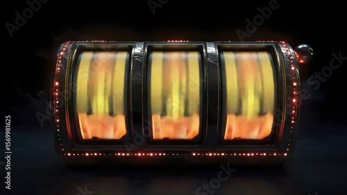 Illuminated slot machine with triple sevens, a symbol of luck and fortune in a casino setting.