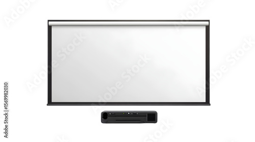 realistic school projector screen mockup, front view rolled down, isolated on transparent background