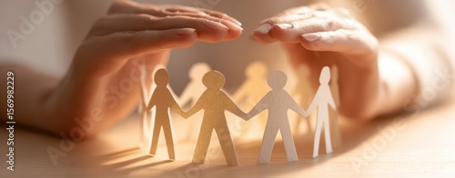 The protective hands safeguarding a circle of paper people representing unity.