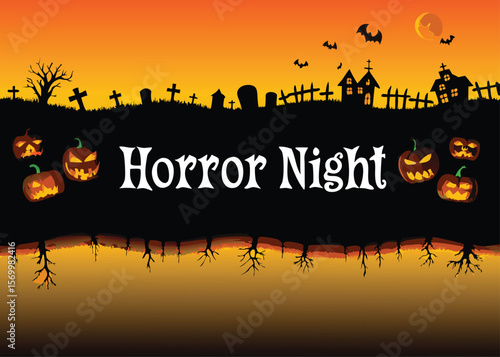 Spooky Halloween night with scary pumpkins, bats, and a dark, eerie tree silhouette – a perfect vector illustration for an October holiday celebration card