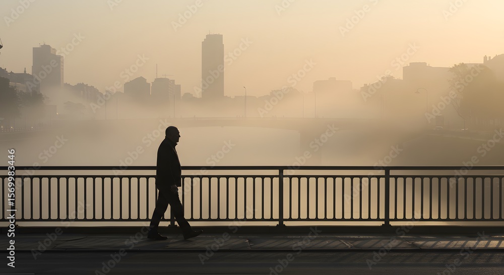 Fototapeta premium Man Walking Across a Bridge in a Foggy City 