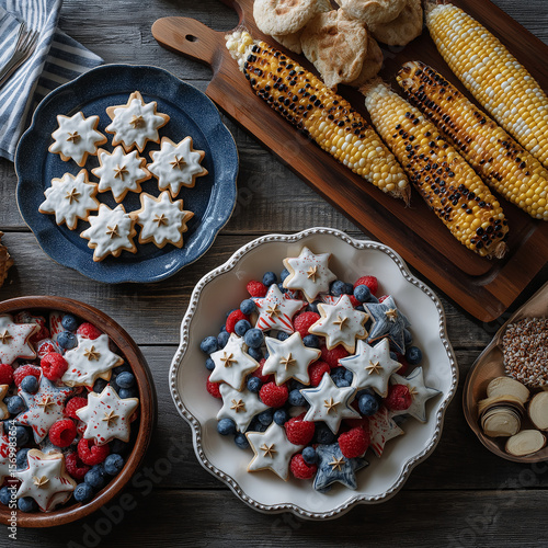 Festive Patriotic Dessert Spread with Star Cookies Berries and Grilled Corn Table Setting