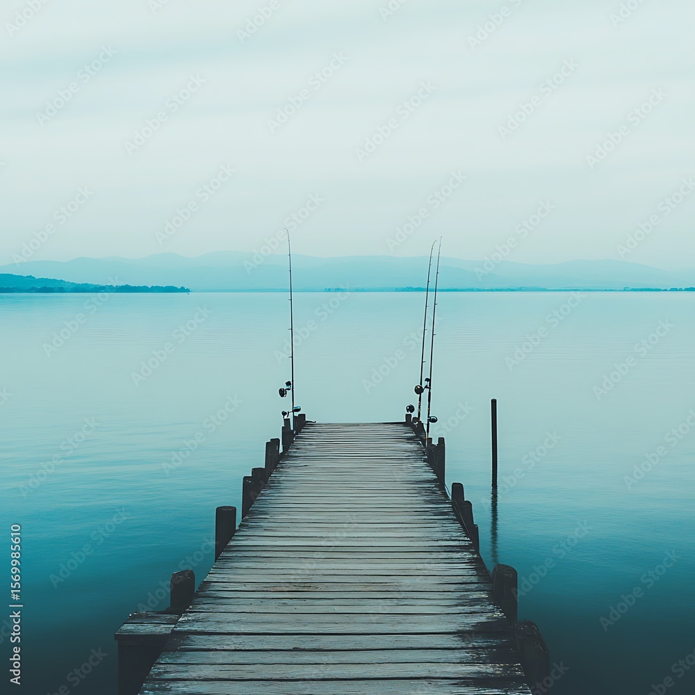 Obraz premium Peaceful lakeside dock setup for fishing during tranquil sunrise high resolution picture