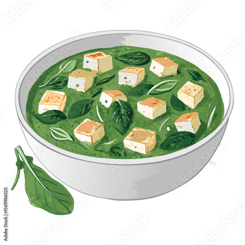 Delicious Palak Paneer Indian Dish in Bowl Watercolor Illustration Green Spinach Curry with Cheese