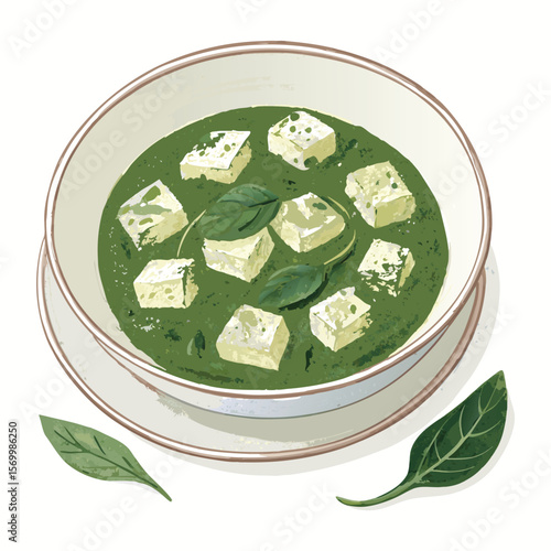 Delicious Palak Paneer Indian Dish in Bowl Watercolor Illustration Green Spinach Curry with Cheese