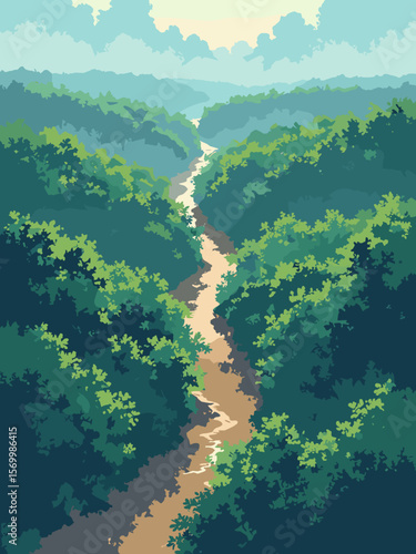 Amazon Rainforest aerial view with thick green canopy, winding river in muddy brown, and morning mist
