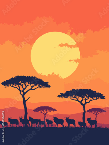 Maasai Mara landscape with acacia trees, herds of wildebeest, and dramatic golden-orange sunset
