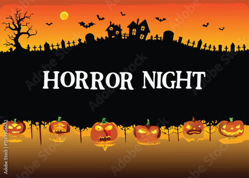 Spooky Halloween night with scary pumpkins, bats, and a dark, eerie tree silhouette – a perfect vector illustration for an October holiday celebration card