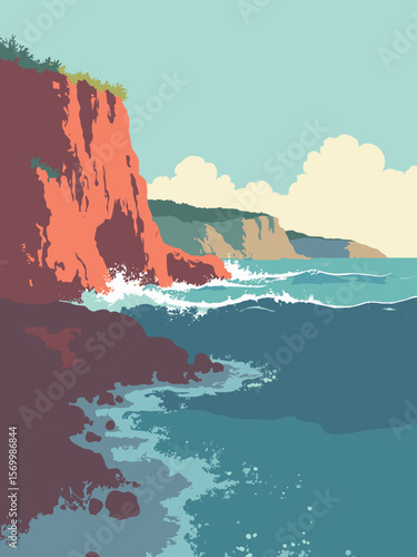 Bay of Fundy extreme tide view with red sandstone cliffs, exposed seafloor, and ocean waves