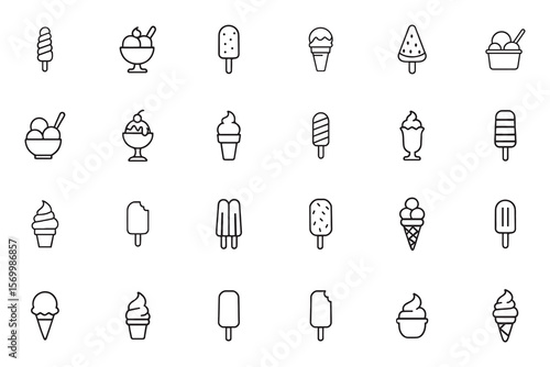 Ice cream line icon set. Vector collection of simple outline summer dessert symbols including cone, popsicle, sundae, and gelato
