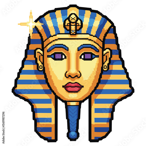 Pixel Art Egyptian Pharaoh: Ancient Egypt Icon, 8-bit Mask, Pharaonic Head