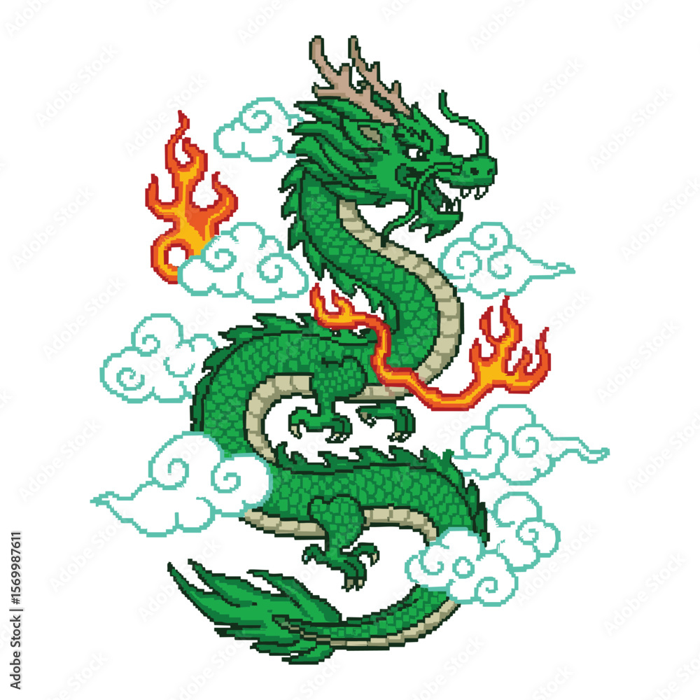Obraz premium Pixel Art Chinese Dragon: Majestic Mythical Creature in 8-Bit Style